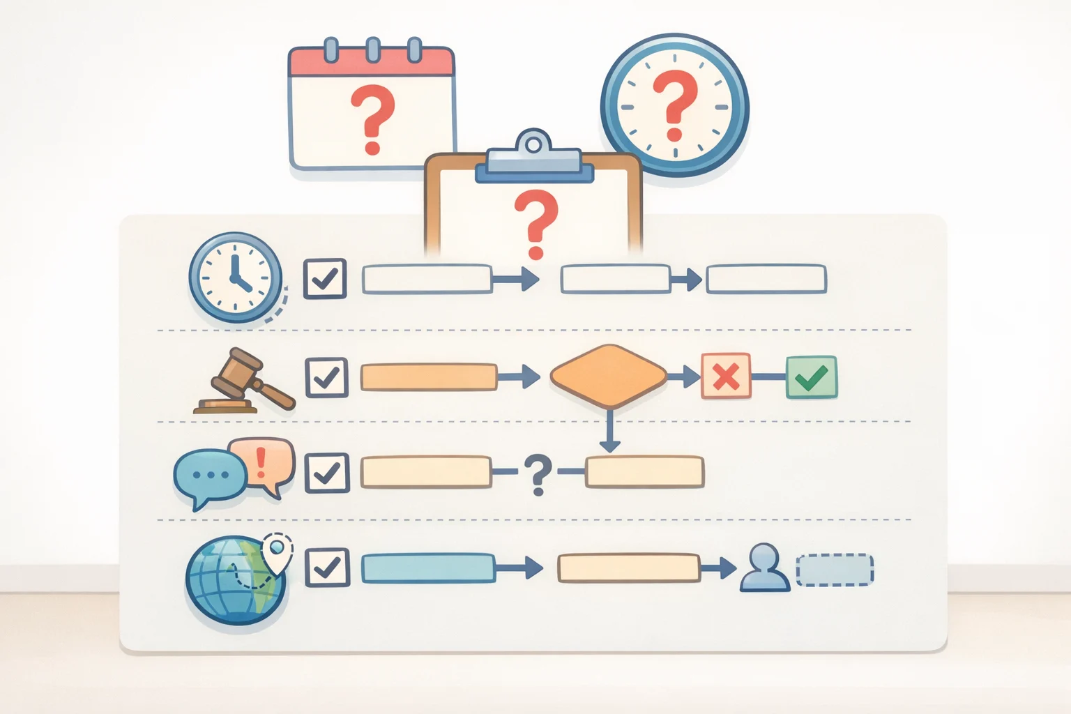 Checklist illustration showing missing moderation timestamps for detection, routing, human review, removal, account suspension, and law-enforcement notification in the unexplained moderator error