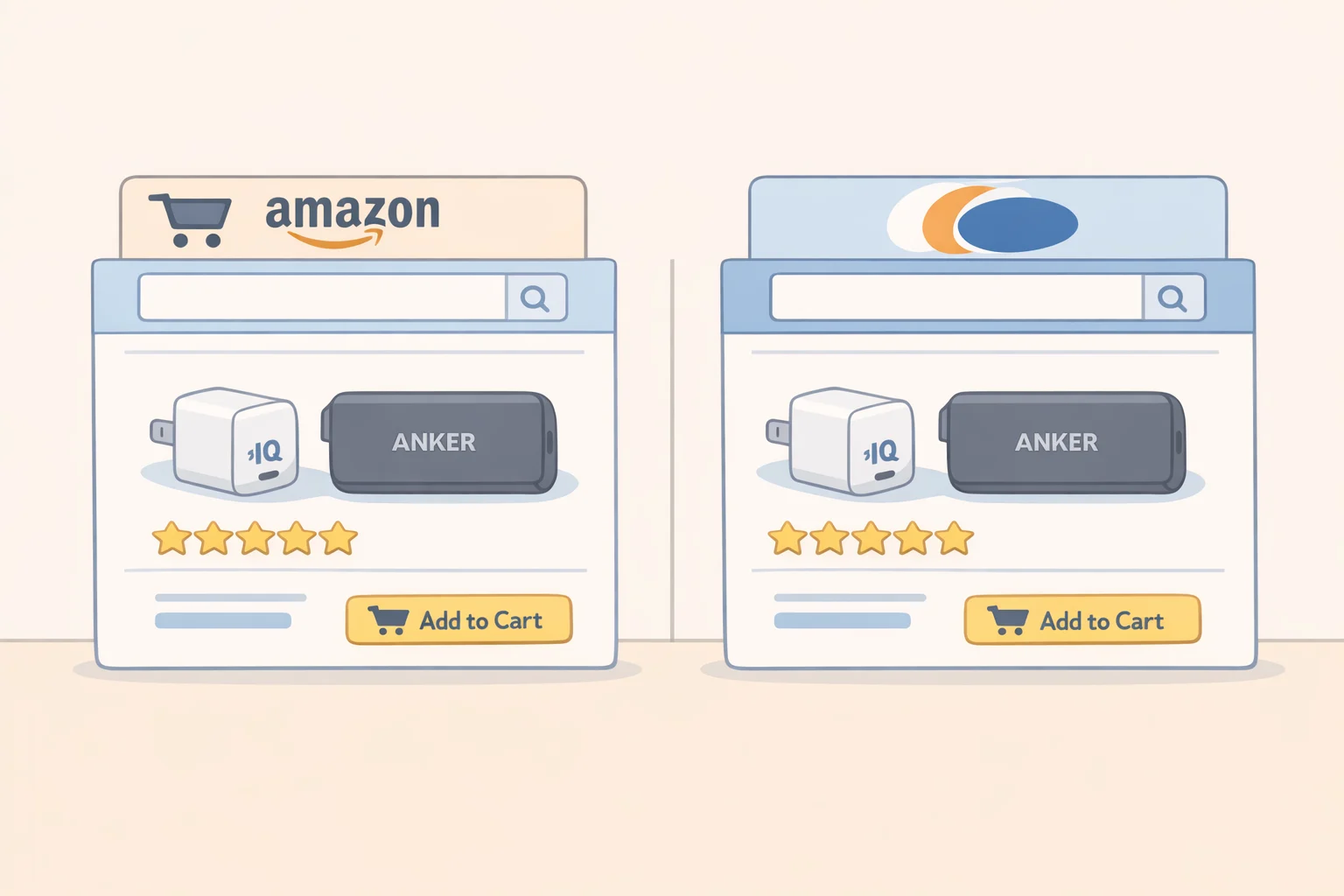 Photo-style mockup of Anker-branded charger and power bank listings on Amazon and Newegg to illustrate how distribution influenced perceptions of who owns Anker