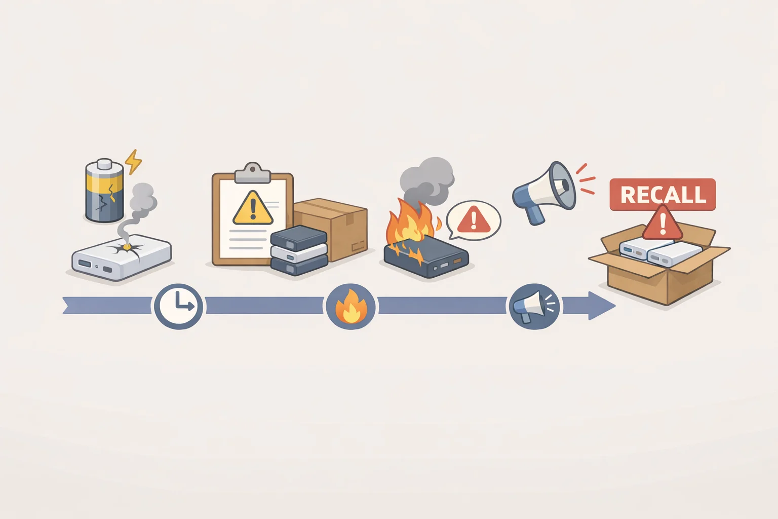 Illustration of a timeline showing Anker PowerCore power-bank recall waves from 2023 through 2025 and associated fire risk incidents