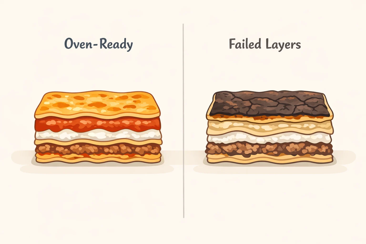 Three panels showing troubleshooting signs for self-saucing cake: a slightly cracked top with fudge-clinging toothpick, a uniformly baked cake with no sauce layer, and a dry top indicating overbaking