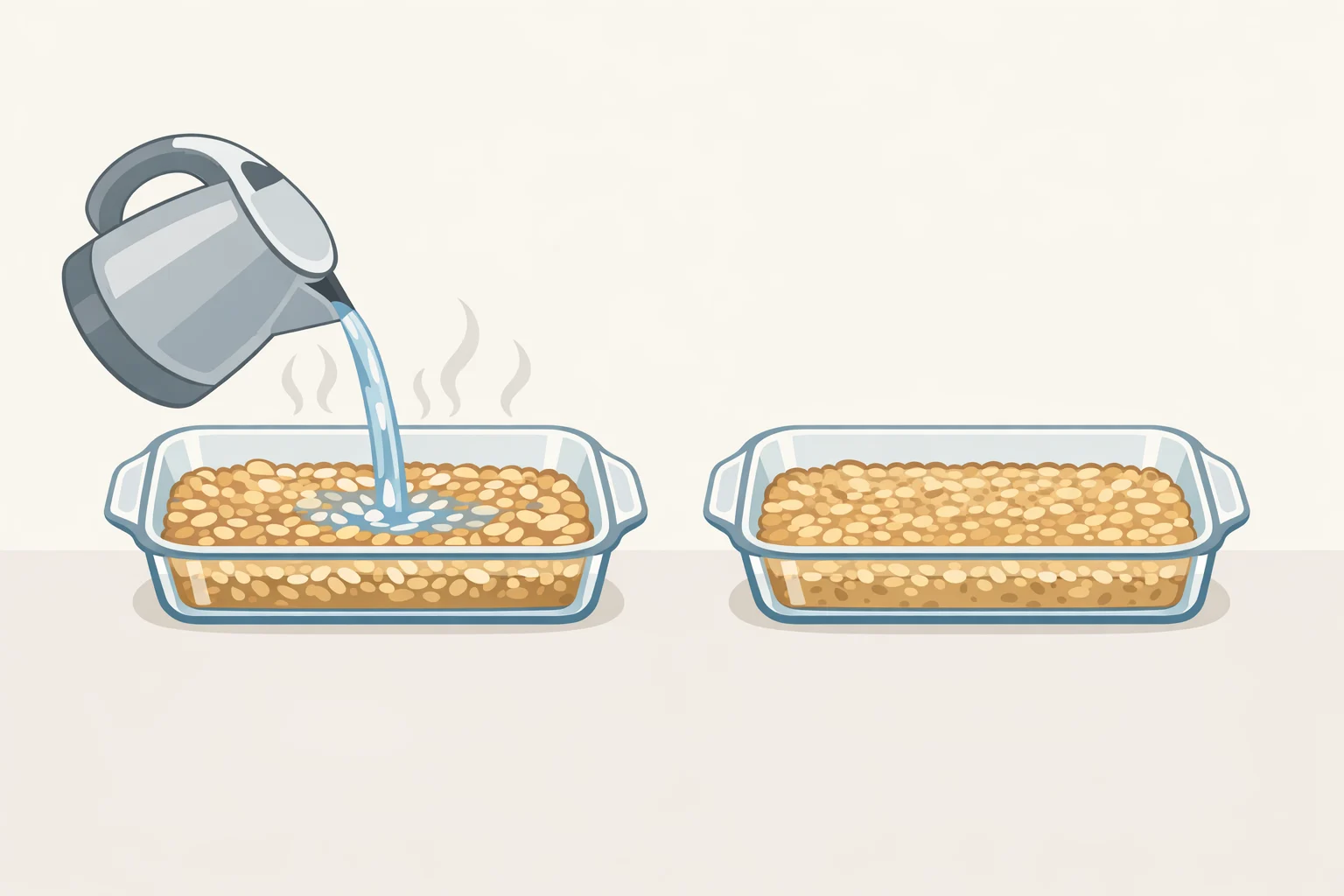 A baking dish with thick cocoa batter and an uncrossed cocoa-sugar topping layer, then a steady stream of boiling water poured on top without stirring