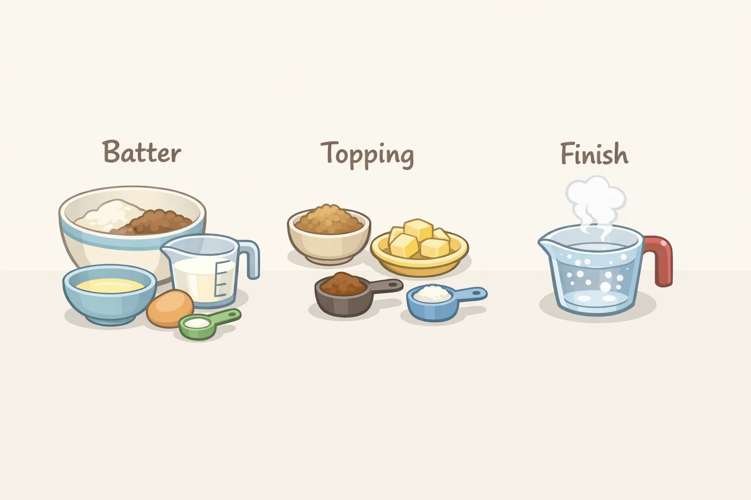 Measured ingredients laid out for a hot fudge cake recipe: cocoa-sugar topping in a separate bowl, thick cocoa batter ready to spread, and a kettle of boiling water to pour over