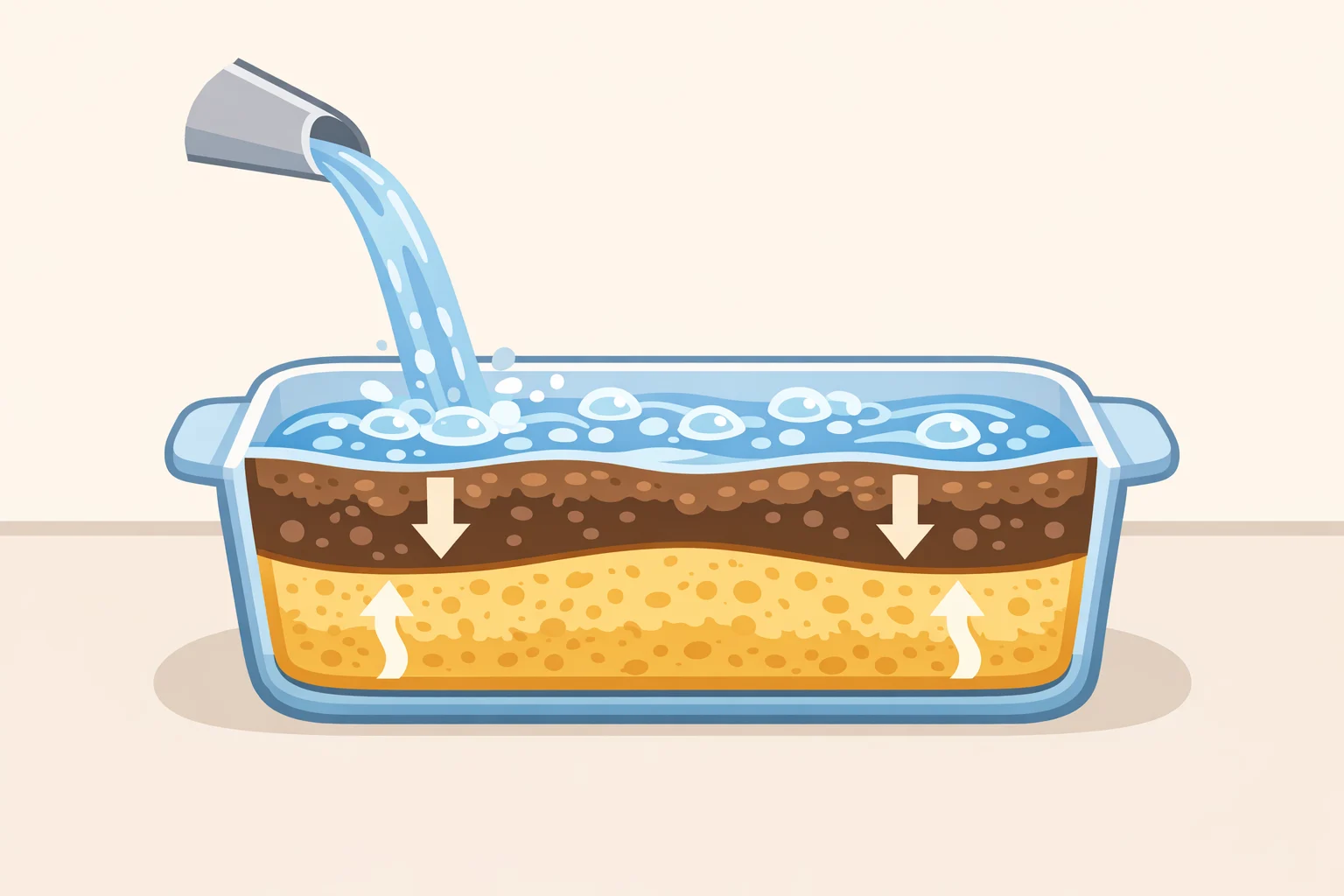 Cross-section view of a self-saucing chocolate cake where boiling water dissolves cocoa and sugar into fudge sauce at the bottom while the batter bakes into a tender cake top