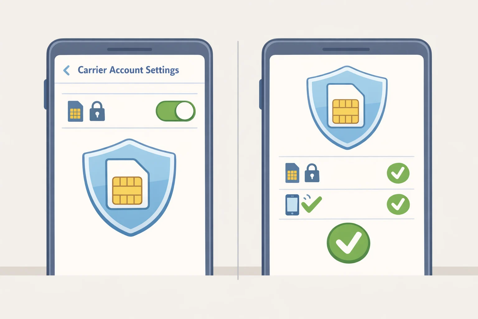 Screenshot-style illustration of carrier settings with a 'SIM-change account lock' switch turned on and a confirmation status indicating the lock blocks SIM changes for that account