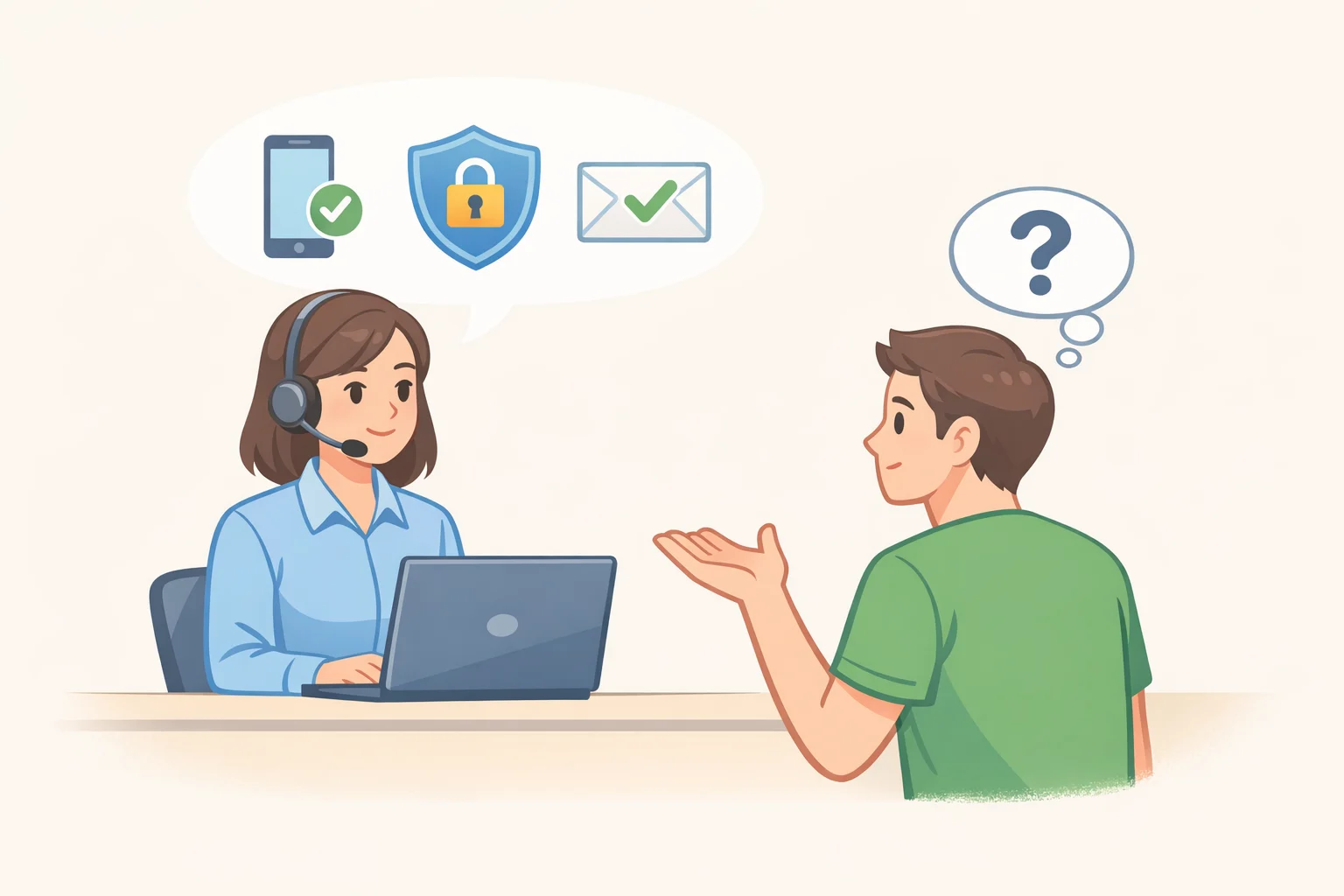 Illustration of a phone call to a carrier support desk where the customer asks for the exact identity-authentication method used before a SIM change, emphasizing how to prevent SIM swapping attacks by strengthening carrier account verification