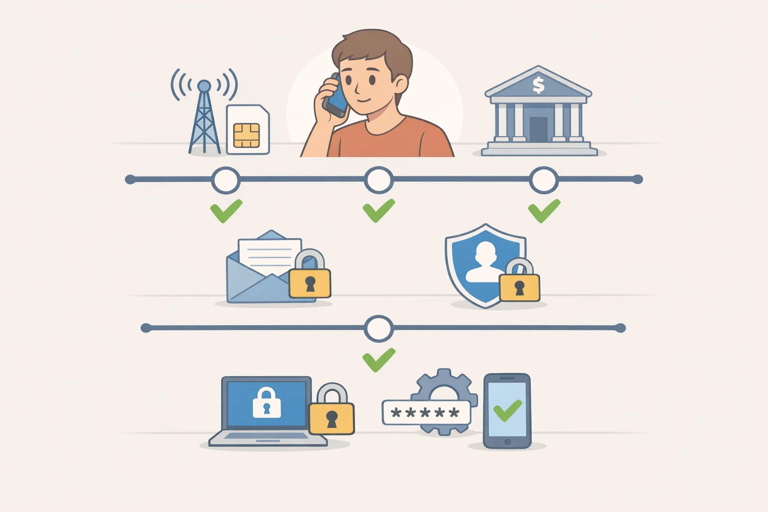 Flowchart-style illustration showing urgent steps when a phone loses service: contacting the carrier for fraud escalation, calling the bank using a card-statement number, securing email from another device, updating recovery methods, and recording the fraud case number
