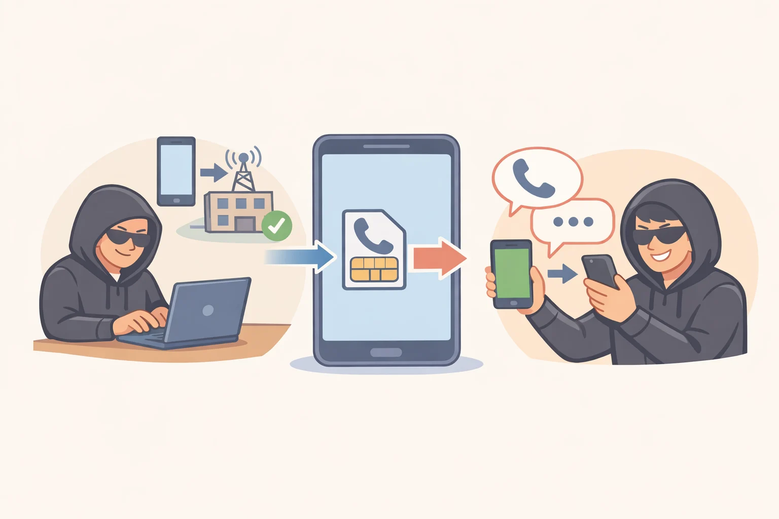 Diagram of how SIM swapping and port-out fraud work: a scammer uses stolen personal information to convince a carrier support line to port out a phone number to an attacker-controlled device, so the attacker receives the victim's calls and texts