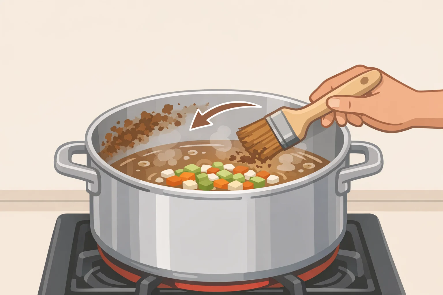 Illustration of tortillas frying in reserved beef fat in a skillet, filled with shredded meat and melting cheese