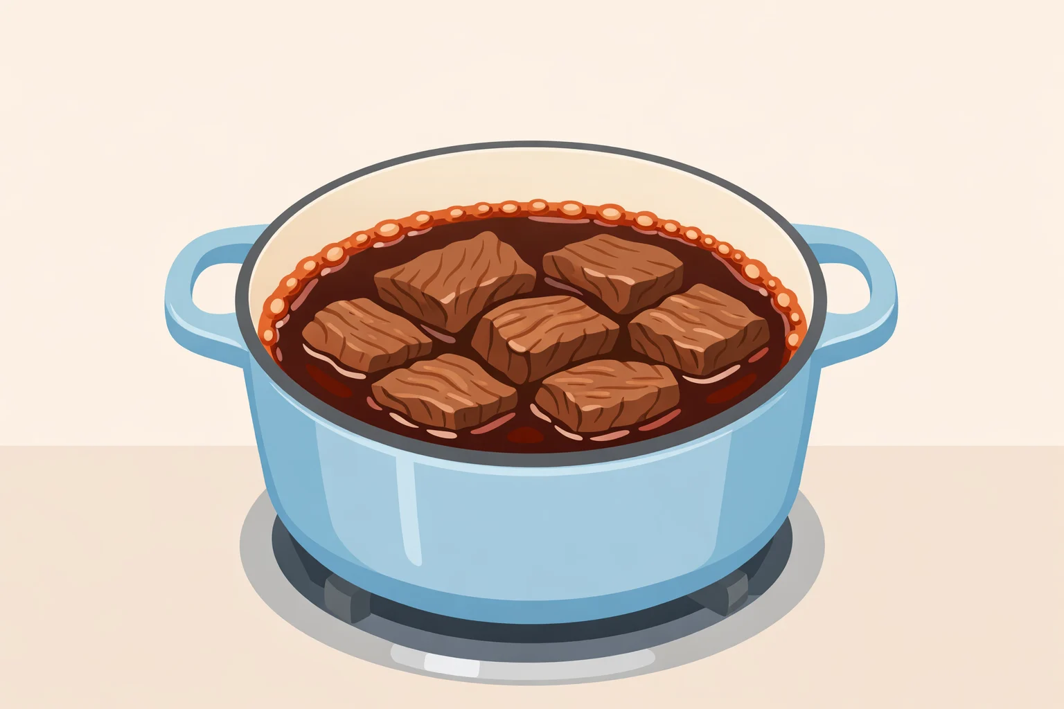 Illustration of birria beef braising in a covered pot until the meat turns fork-tender