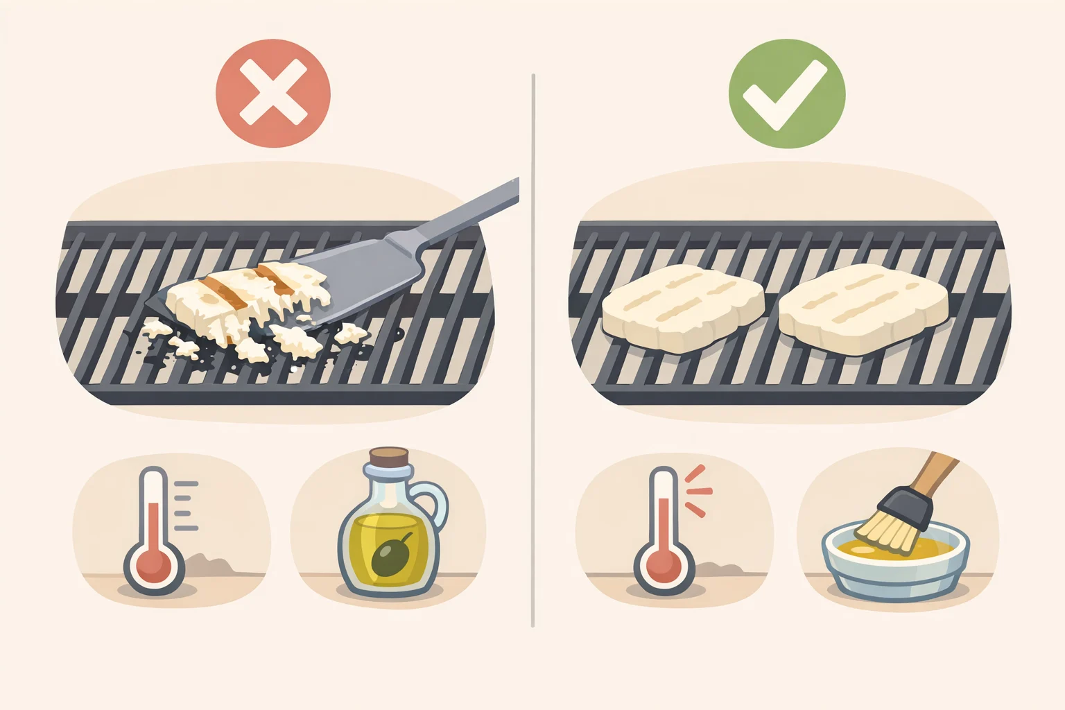 Three grill grate outcomes showing halloumi that won’t release and hasn’t browned, halloumi that looks pale for lack of heat, and halloumi browned but turned tough from overcooking