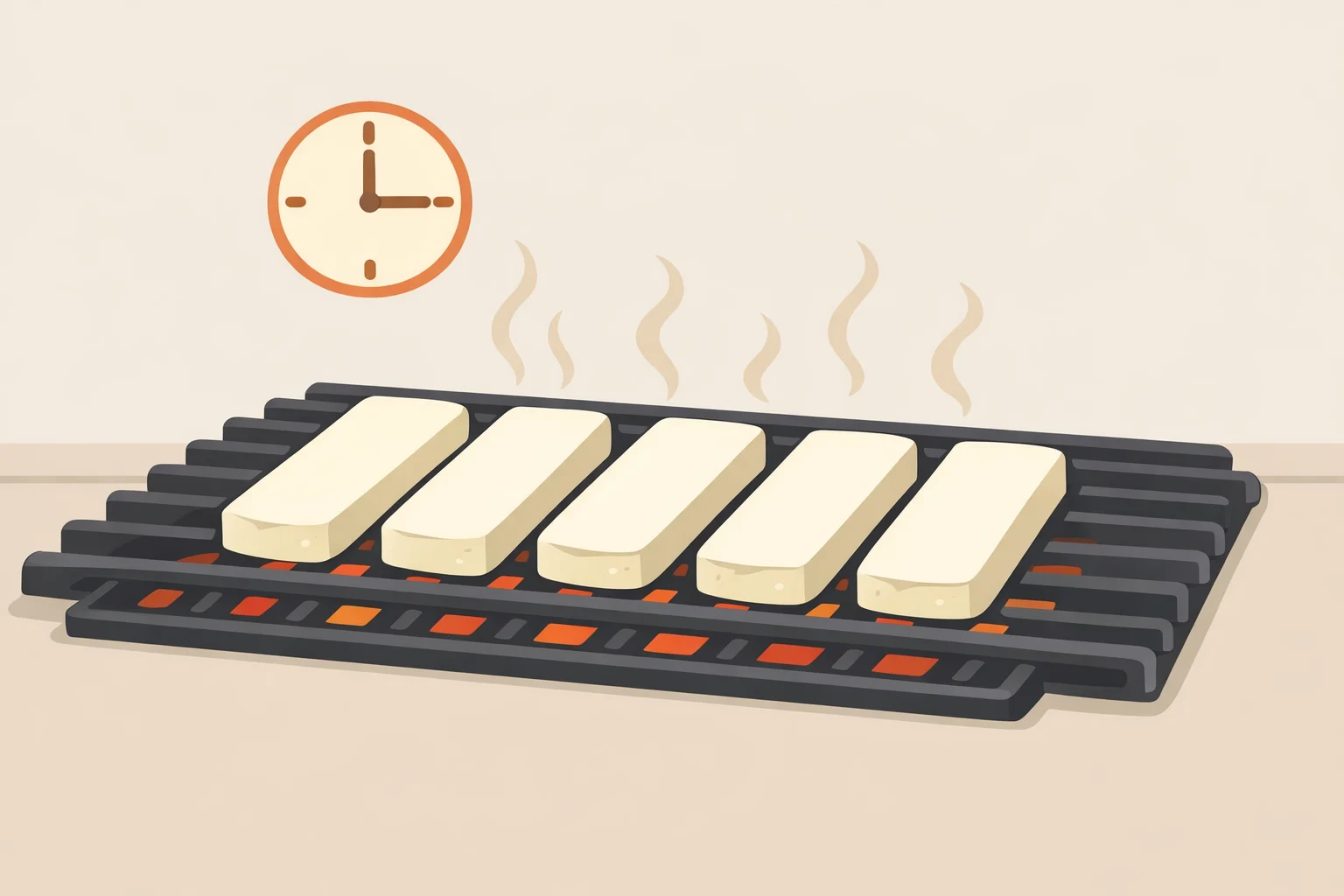 Thin halloumi planks placed on very hot grill bars, with defined grill marks forming and ready-to-flip cues for grilling halloumi