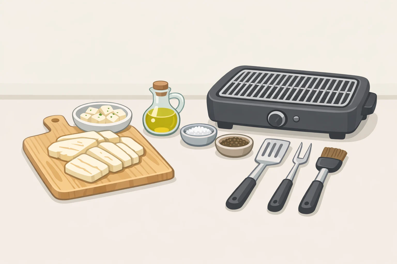 Prepared block of halloumi, paper towels for pat-drying, tongs or thin spatula, olive oil, long-handled grill brush, and lemon/herbs ready for how to grill halloumi