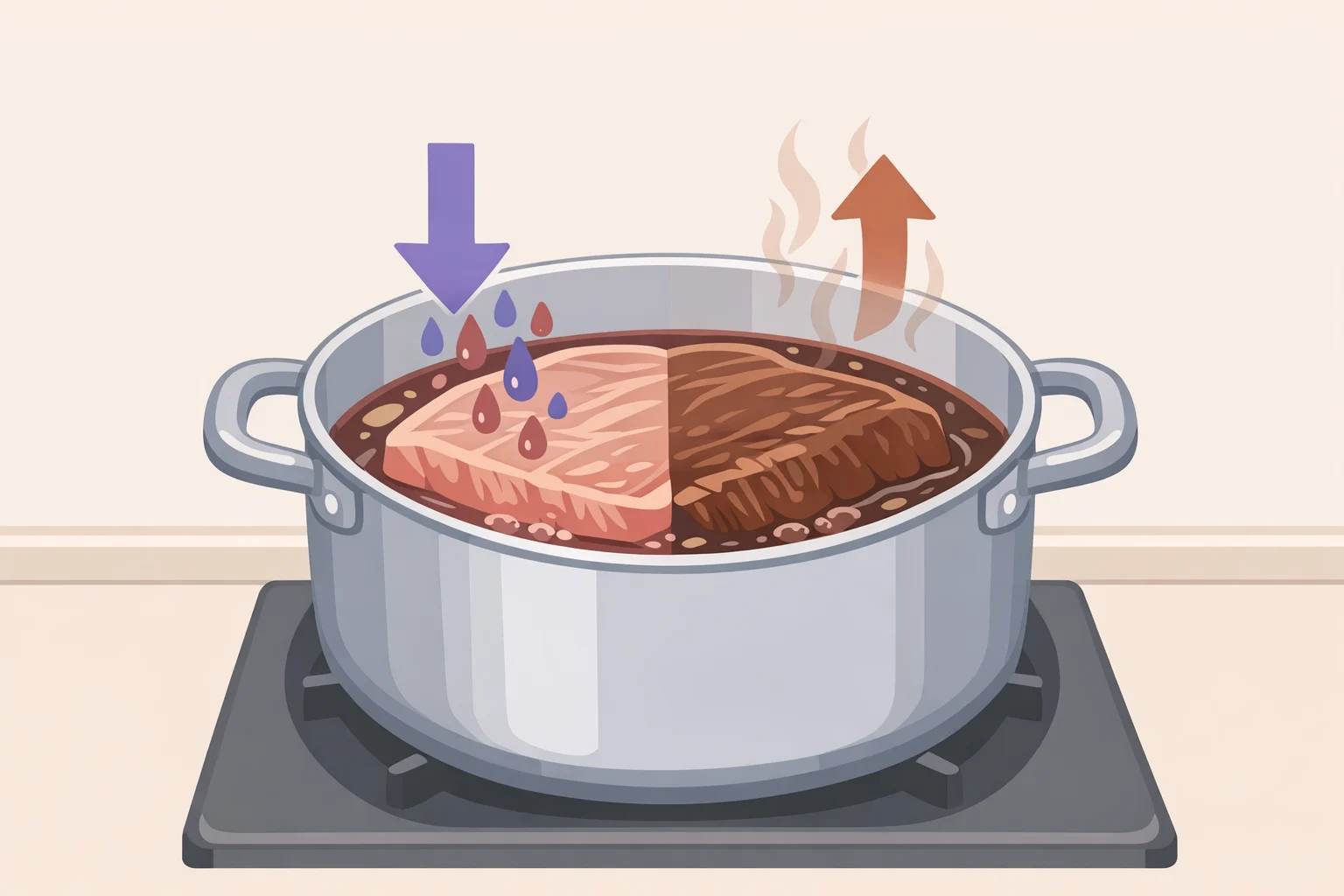 Illustration of brisket braising in red wine or BBQ-style sauce, emphasizing bold flavor development over a classic neutral stew base
