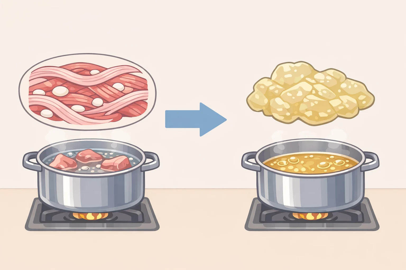 Diagram of collagen fibers melting into gelatin during a long, gentle simmer, showing why the best meat for stew stays moist instead of turning stringy
