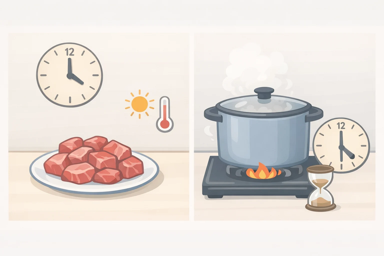 Kitchen infographic showing meat resting to room temperature, then being held at a light simmer for several hours to tenderize and keep the stew juicy