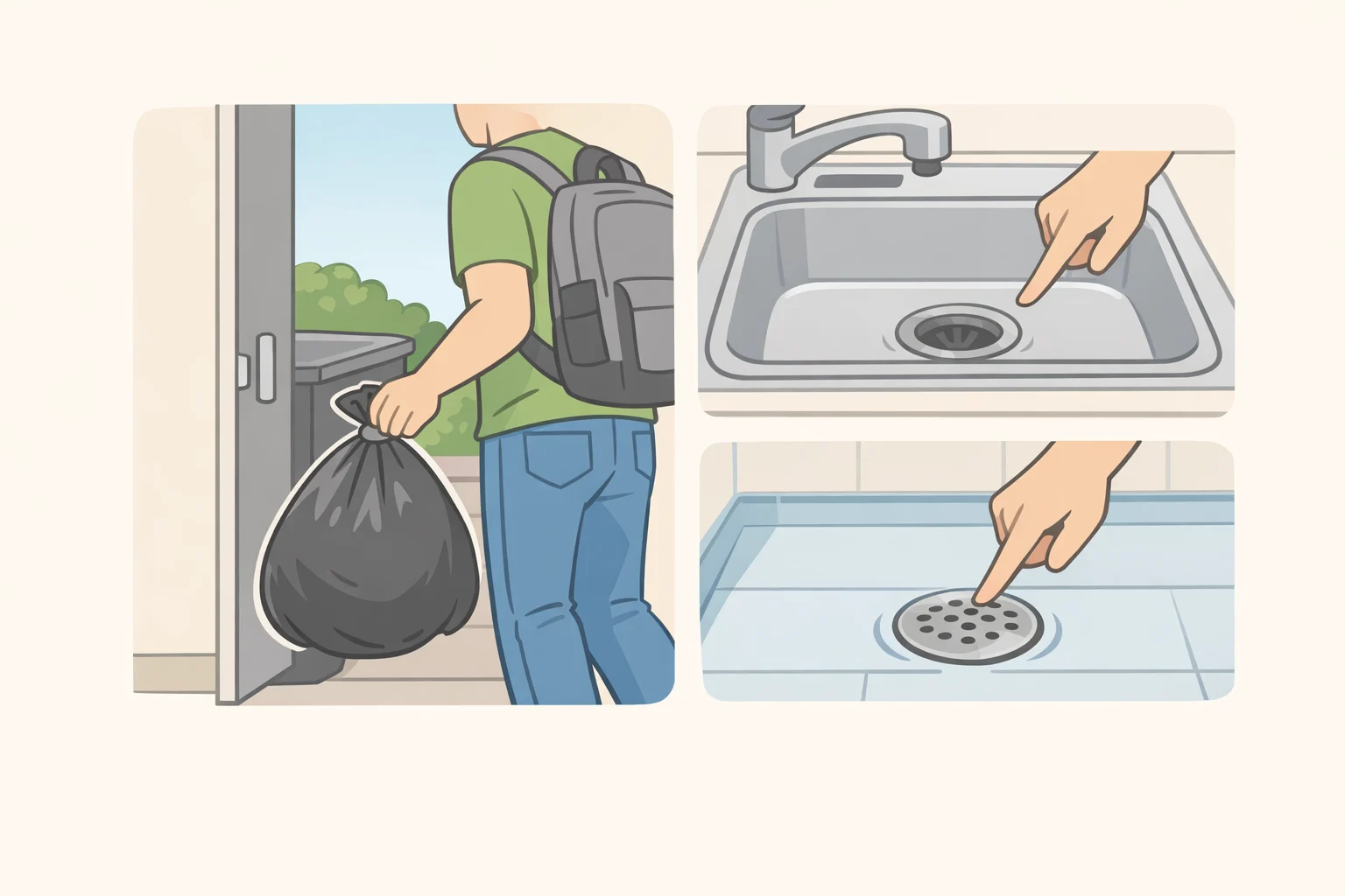 Illustration of a final pre-departure walk-through: a person carrying the last trash bag outside while checking sinks, tubs, and shower floors for standing water