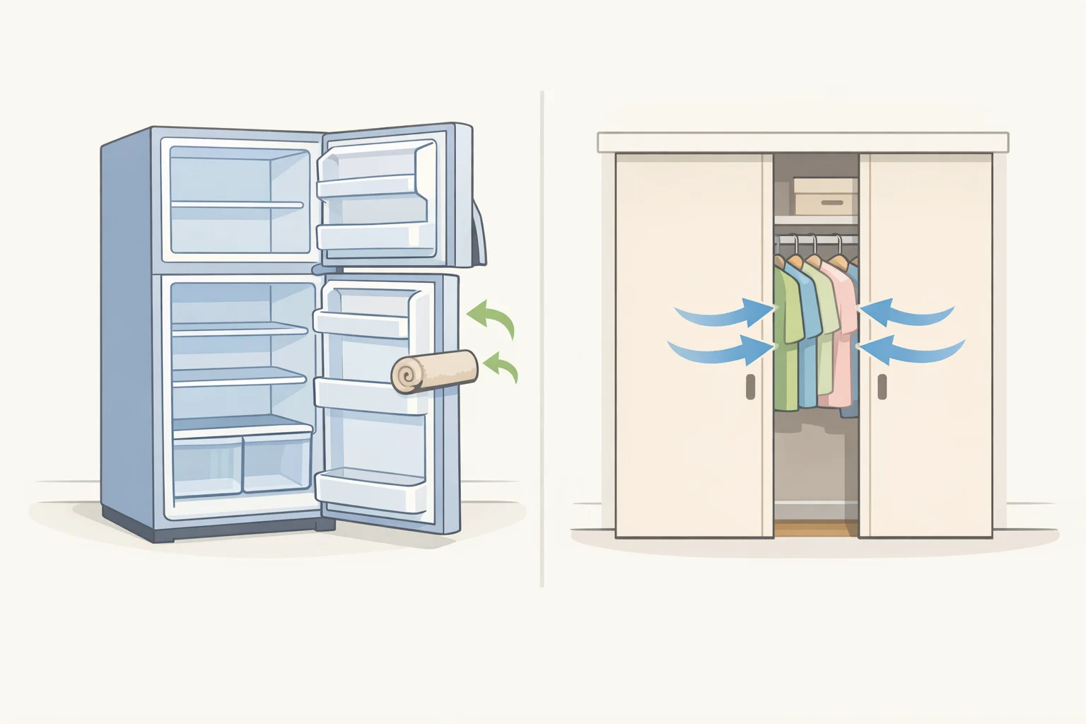 Illustration of an empty refrigerator with the door propped ajar and closets spaced to allow airflow during a longer vacation or seasonal closure