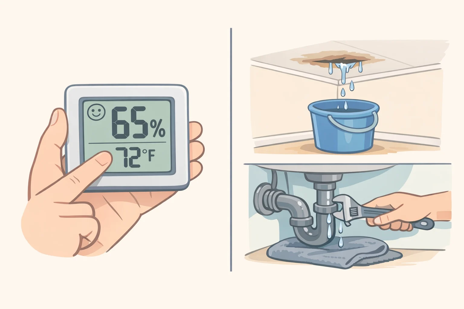 Illustration of a hygrometer reading indoor humidity at or below 50% alongside a homeowner inspecting and repairing a small plumbing leak
