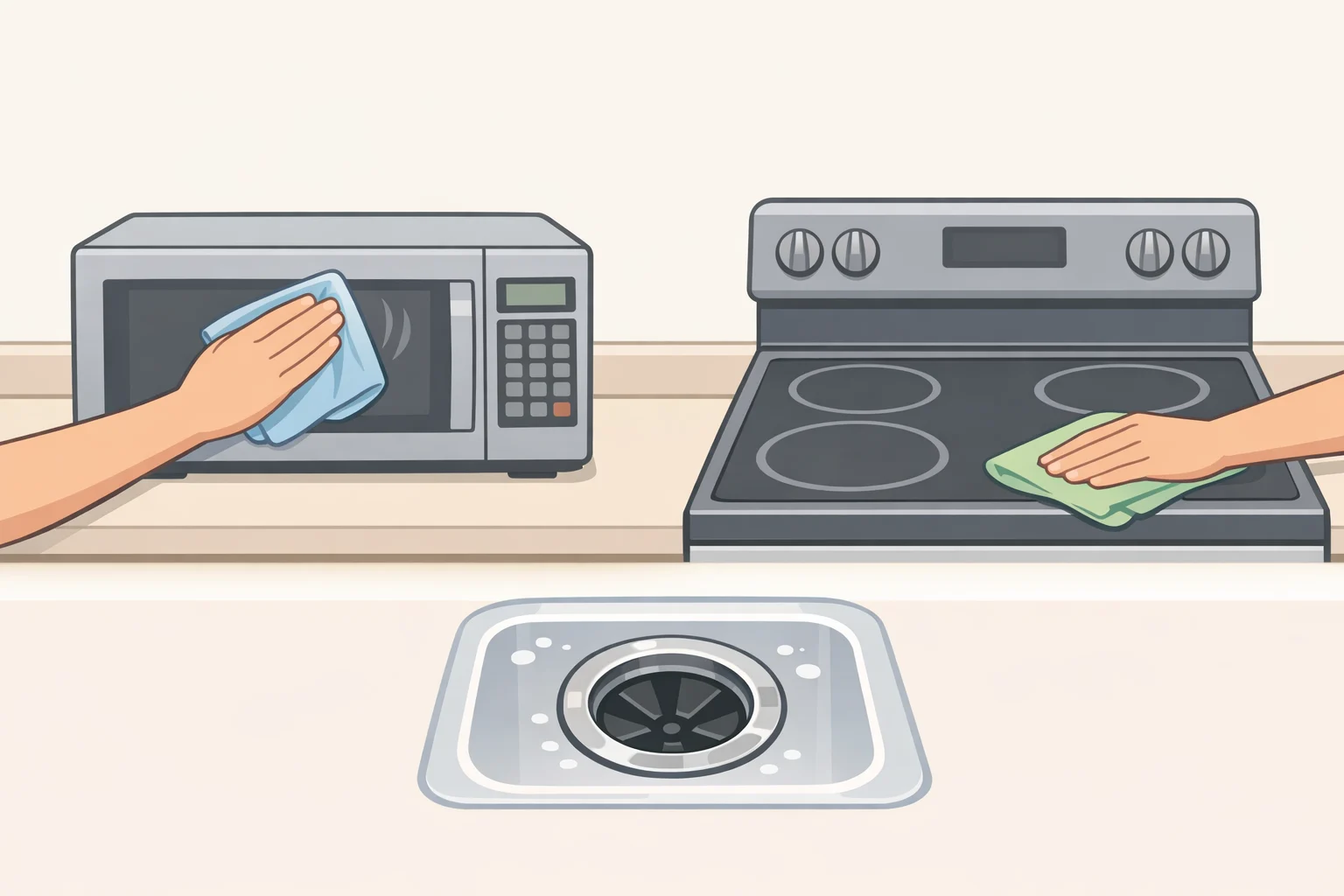Close-up of a kitchen checklist moment: someone wiping the microwave and stovetop after running the garbage disposal with citrus peels and baking soda to avoid odors when doing things to clean before leaving for vacation