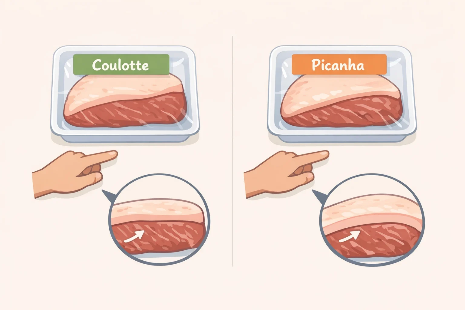 Close-up of beef packages labeled coulotte and picanha side-by-side, with a shopper checking the steak's fat cap thickness and marbling in the case