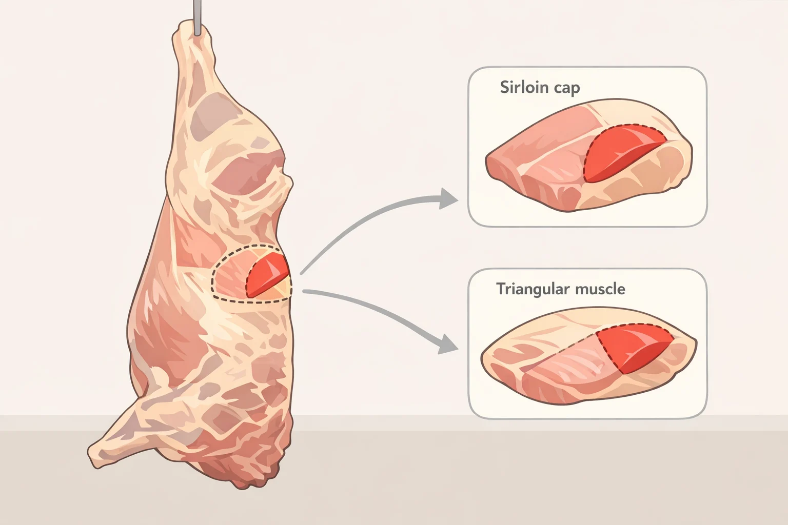Diagram of the sirloin primal showing the triangular sirloin cap area labeled as coulotte steak between the loin and the round