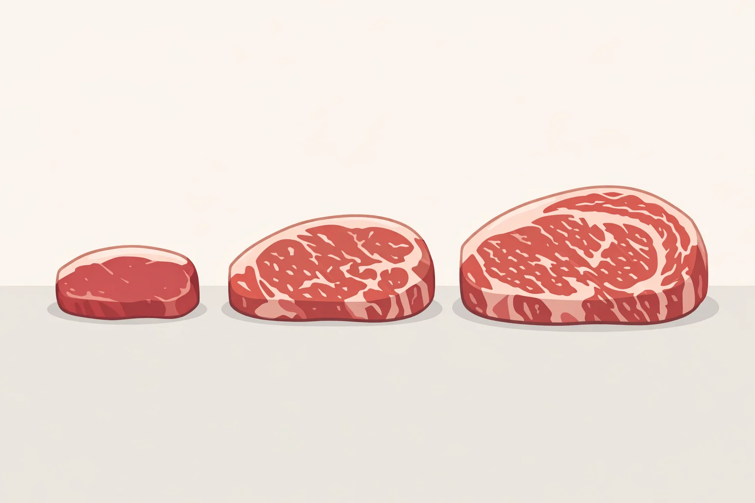 Side-by-side comparison of coulotte steak, ribeye, and strip steaks showing less marbling in coulotte and smaller 5–6 ounce portions; coulotte steak visible fat cap details
