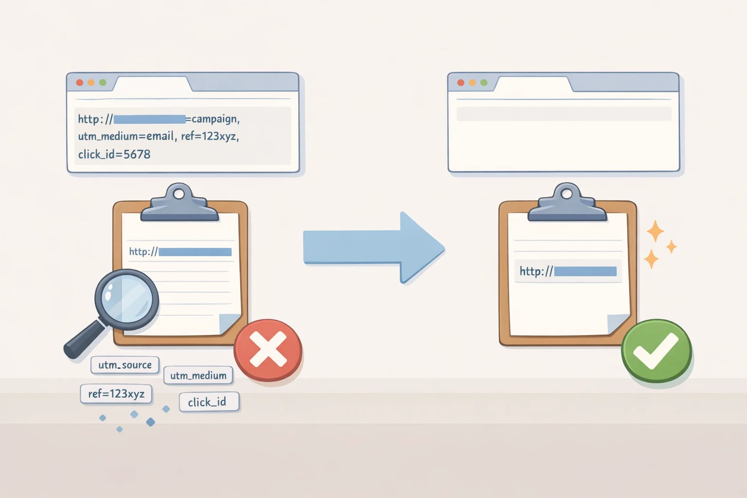 Side-by-side comparison of a URL with tracking parameters and the cleaned URL that gets copied to the clipboard using DuckDuckGo Copy Clean Link