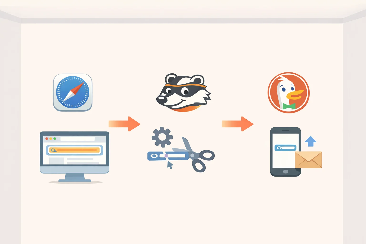 Diagram-style timeline showing when Safari Private Browsing, Privacy Badger, and DuckDuckGo Copy Clean Link limit or rewrite link data during the click and sharing flow