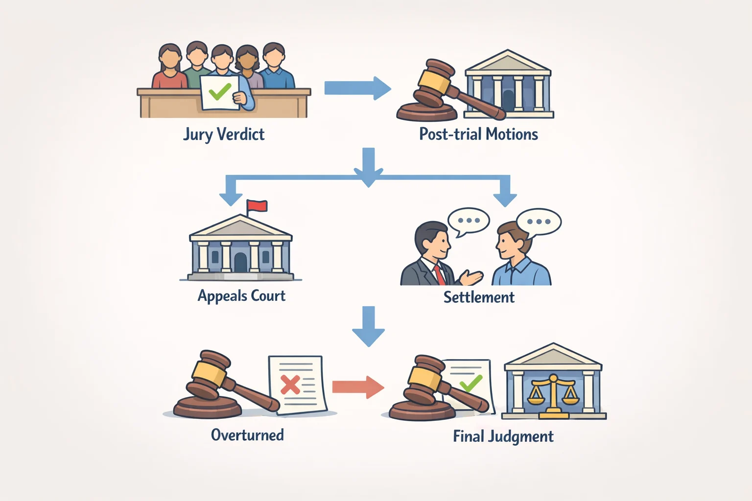 Flowchart illustrating the difference between a jury verdict and an entered judgment, including post-trial motions, appeals, and how reported damages can differ from final court-verified amounts