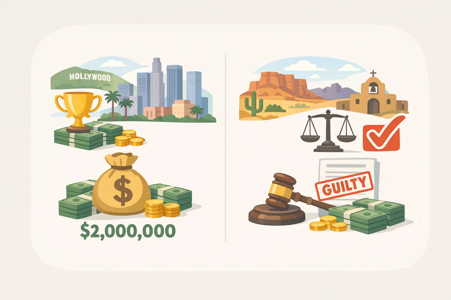 Comparison graphic showing a Los Angeles case where a 20-year-old plaintiff received a $3 million jury award against Meta and YouTube, distinct from the New Mexico $375 million damages figure