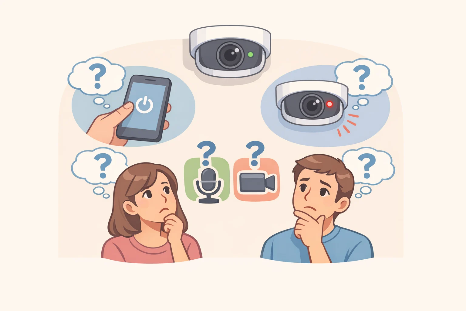 Infographic-style illustration showing the unclear camera activation and missing privacy signals on a screen-free AI speaker, with icons for on-demand capture, visual recording indicators, and data retention