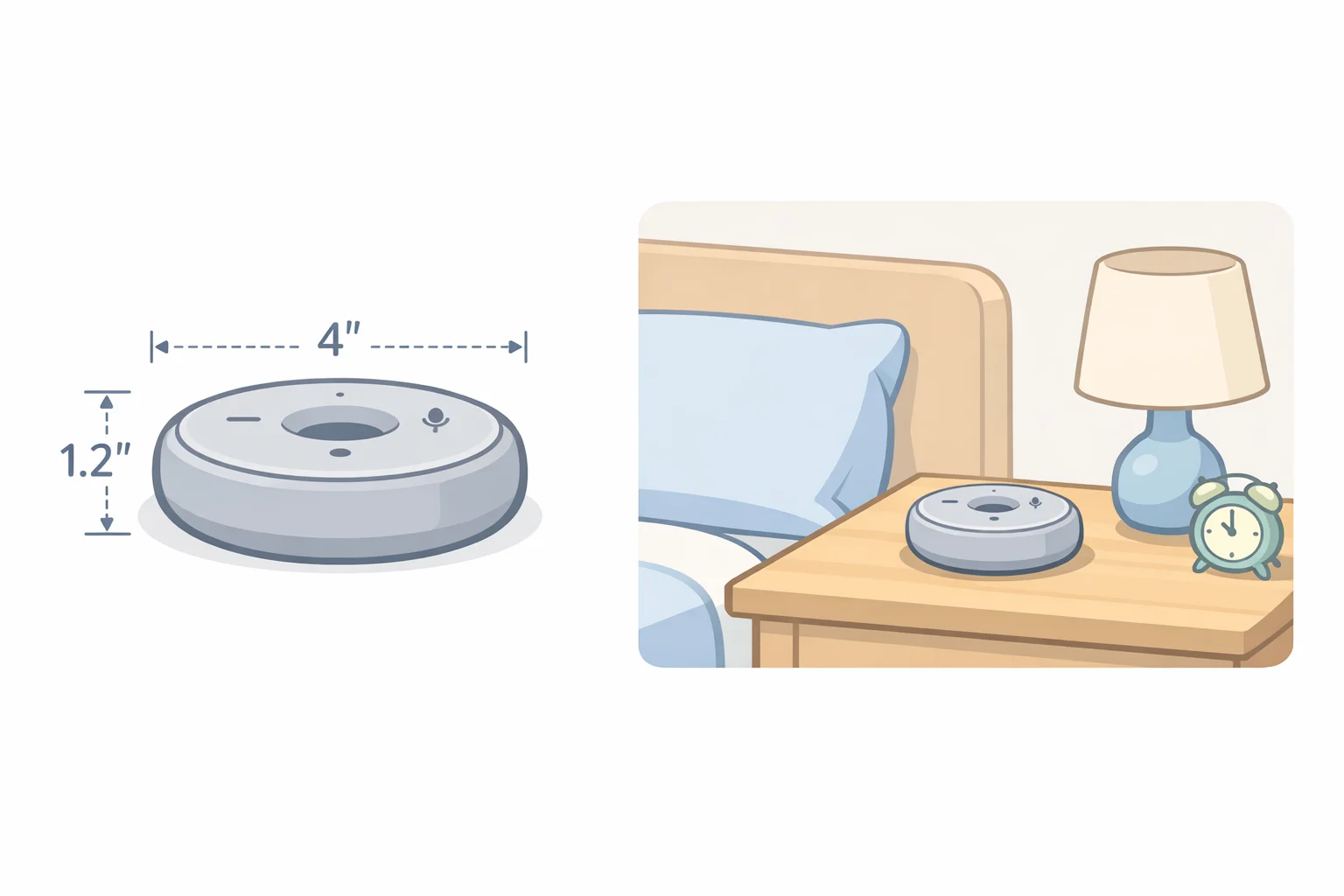 Top-down and side views of the rumored doughnut-shaped Jony Ive OpenAI smart speaker (hockey-puck size) placed on a bedside table, emphasizing its screen-free, metal ring design