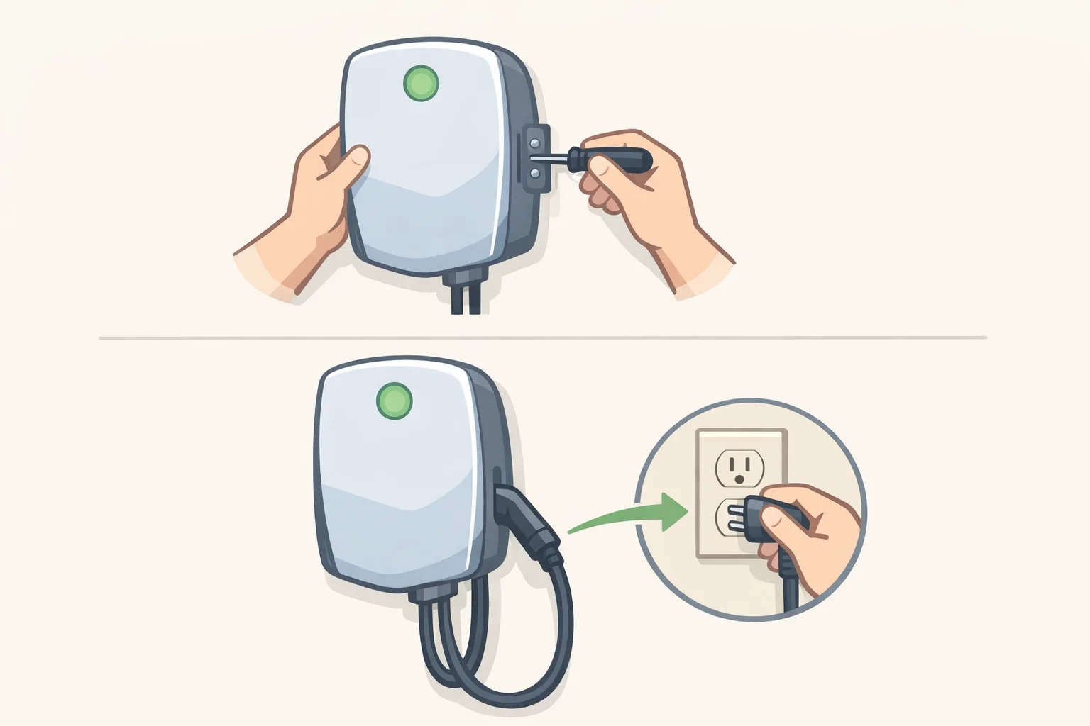 Illustration of the DeWalt DW2 wall-mounted wireless charger secured to a wall and linked to an external power source with the included cable