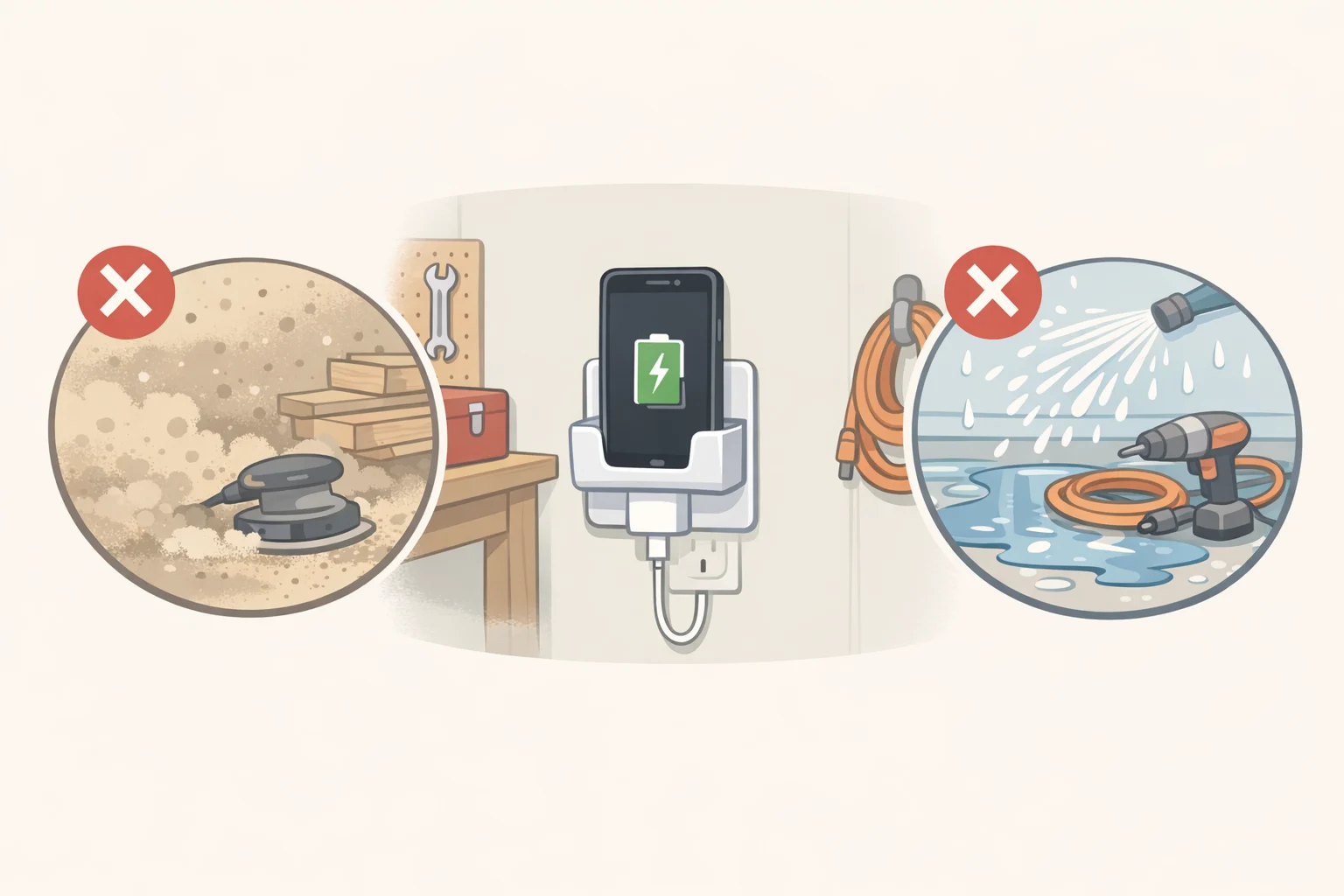 Illustration of a workshop phone charging on a DeWalt wall-mounted magnetic wireless charger in a dry indoor garage wall setup