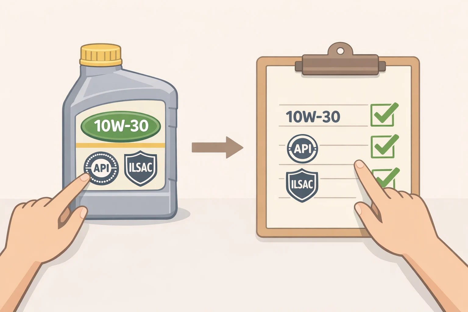 Photo-style illustration of a motor oil bottle label highlighting the SAE viscosity grade, the API Service Symbol (Donut), and the Starburst or Shield marks for checking against the owner's manual