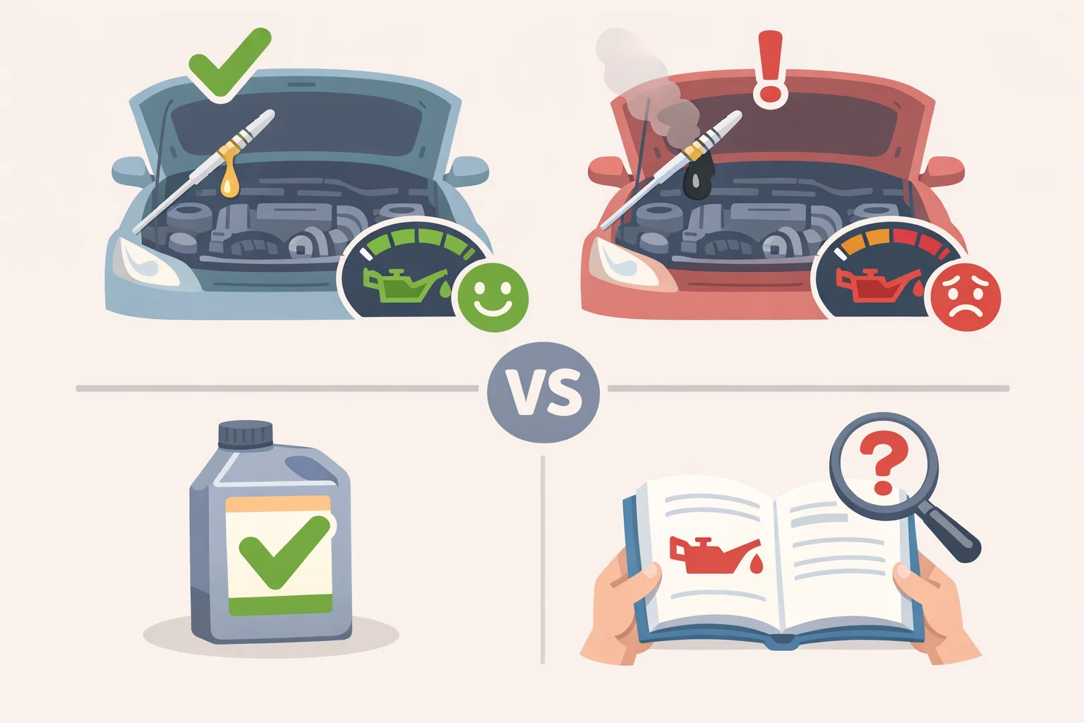 Illustration of a car front engine bay with a cold-start scene and a dashboard hinting at oil-related issues, paired with a reminder graphic to confirm viscosity and performance category against the owner's manual