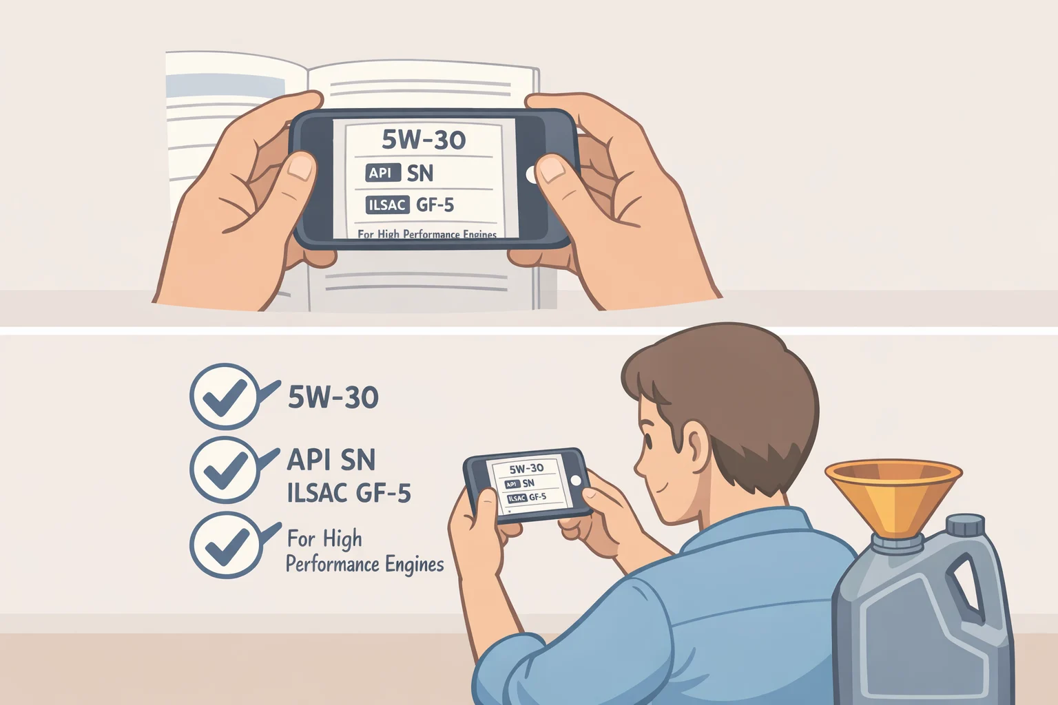 Illustration of a driver photographing the owner's manual oil-spec page on a phone and then comparing the listed SAE grade, API/ILSAC category, and extra wording to the bottle's label before pouring