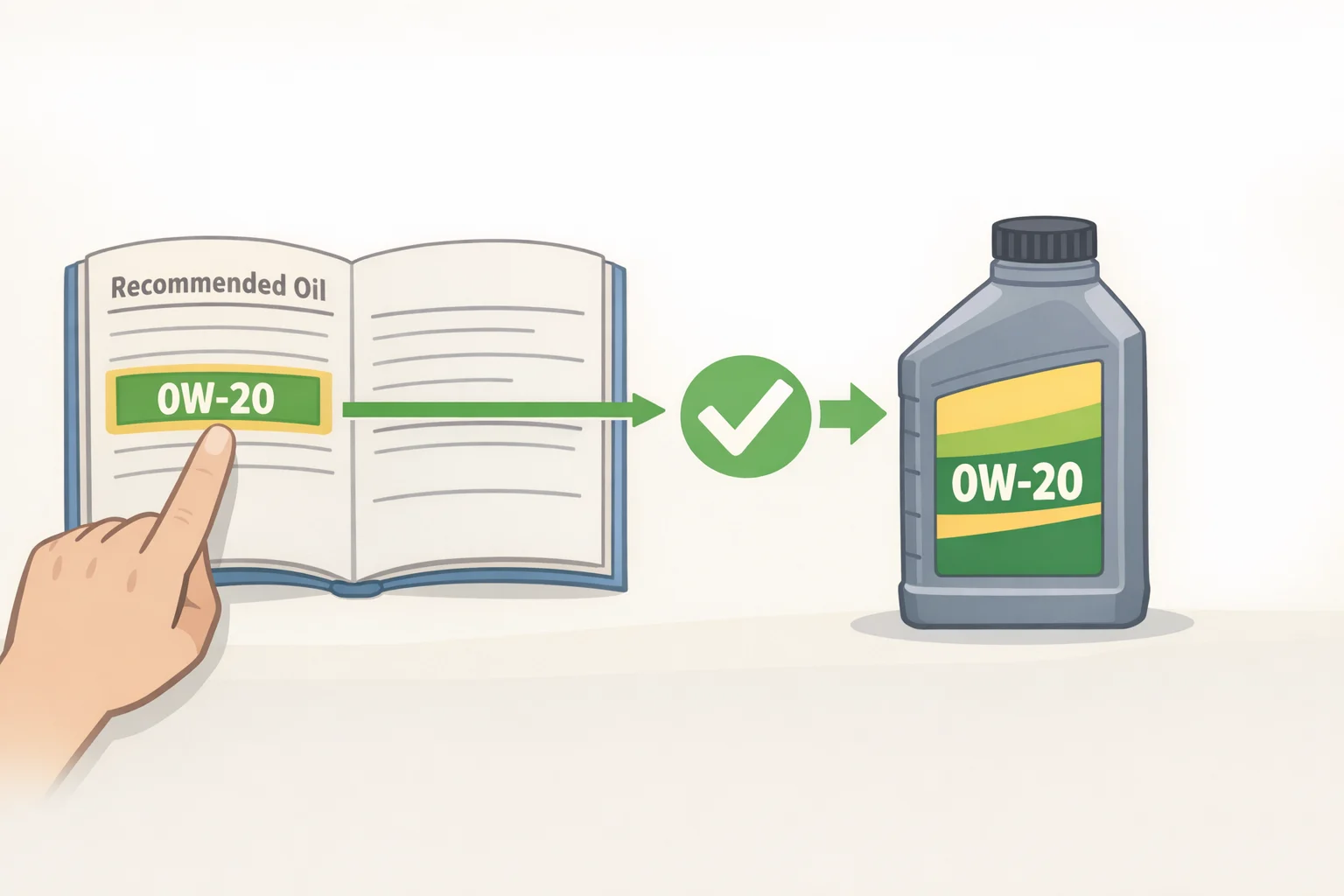 Side-by-side illustration of an owner's manual oil chart listing 0W-20 alongside a motor oil bottle labeled SAE 5W-30, showing the mismatch that can be one of the signs you are using the wrong motor oil