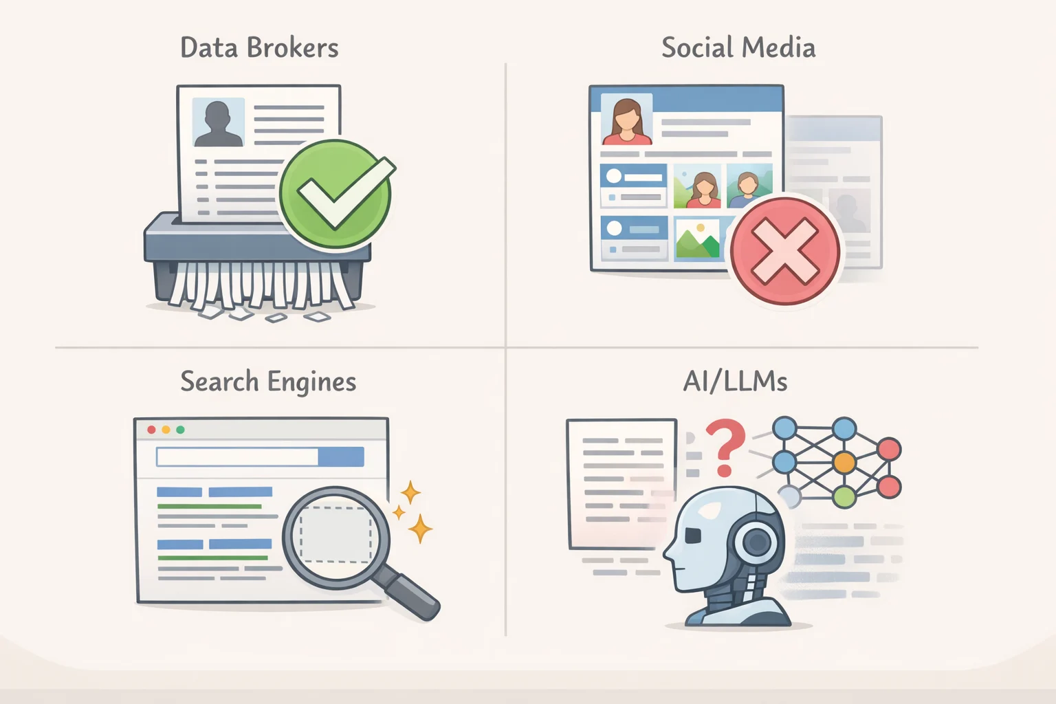 Diagram of Kanary data removal service review monitoring categories: data brokers, social media platforms, search engines, and AI/LLMs, with notes on how each category requires different deletion or takedown mechanics