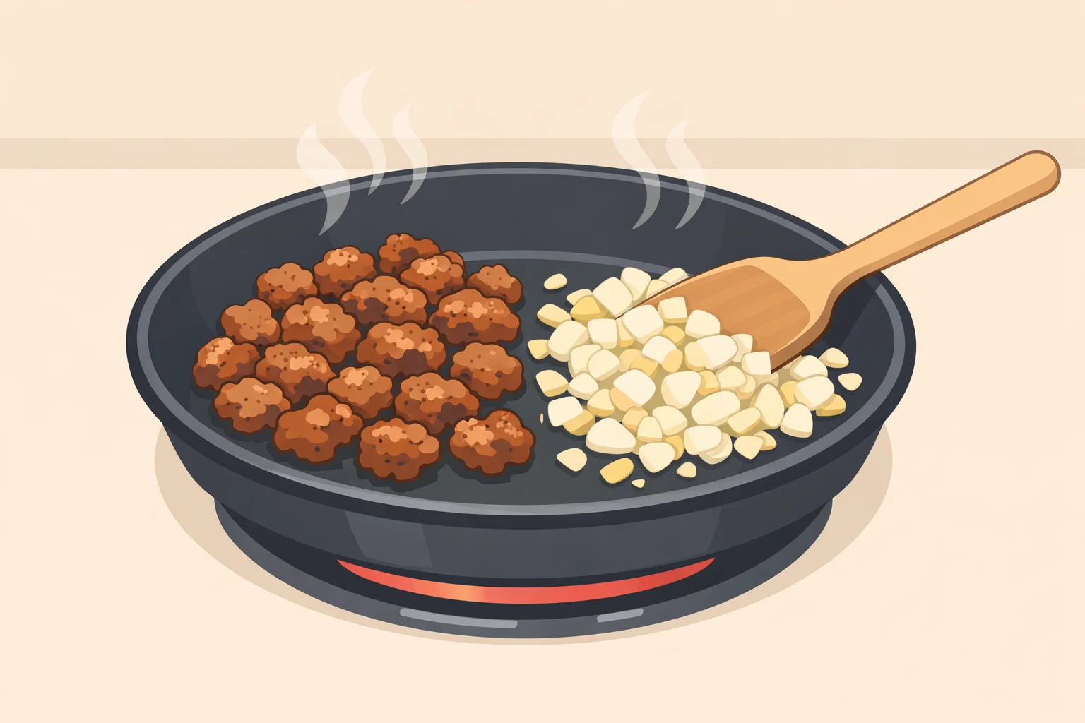 Skillet view of mini smoked sausages browned, with onion and garlic cooked until translucent and fragrant for Japanese ketchup pasta