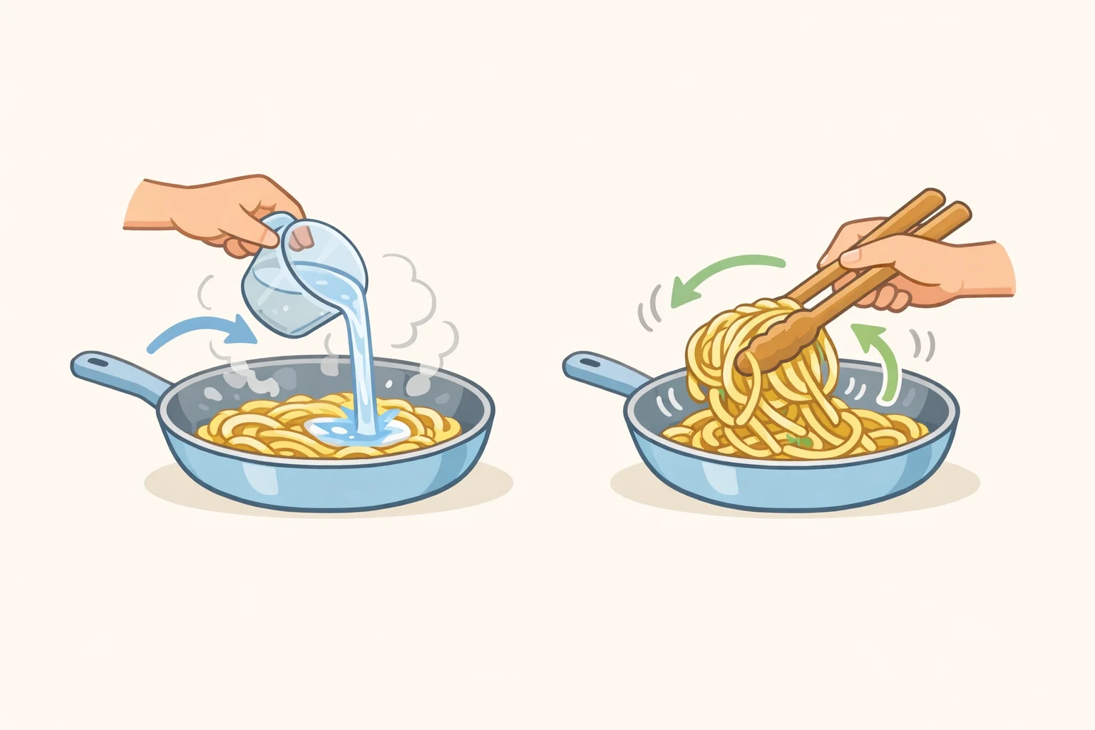 Pan of Napolitan spaghetti showing correct sauce cling after adding reserved pasta water and tossing until it wraps around the noodles