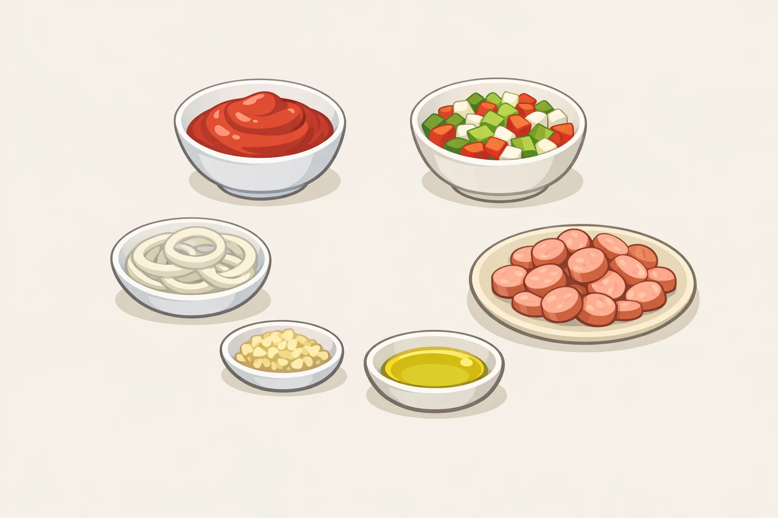 Japanese Napolitan spaghetti recipe ingredients laid out: ketchup, soy sauce, Worcestershire sauce, sliced mini Japanese smoked sausages, bell pepper, and mushrooms
