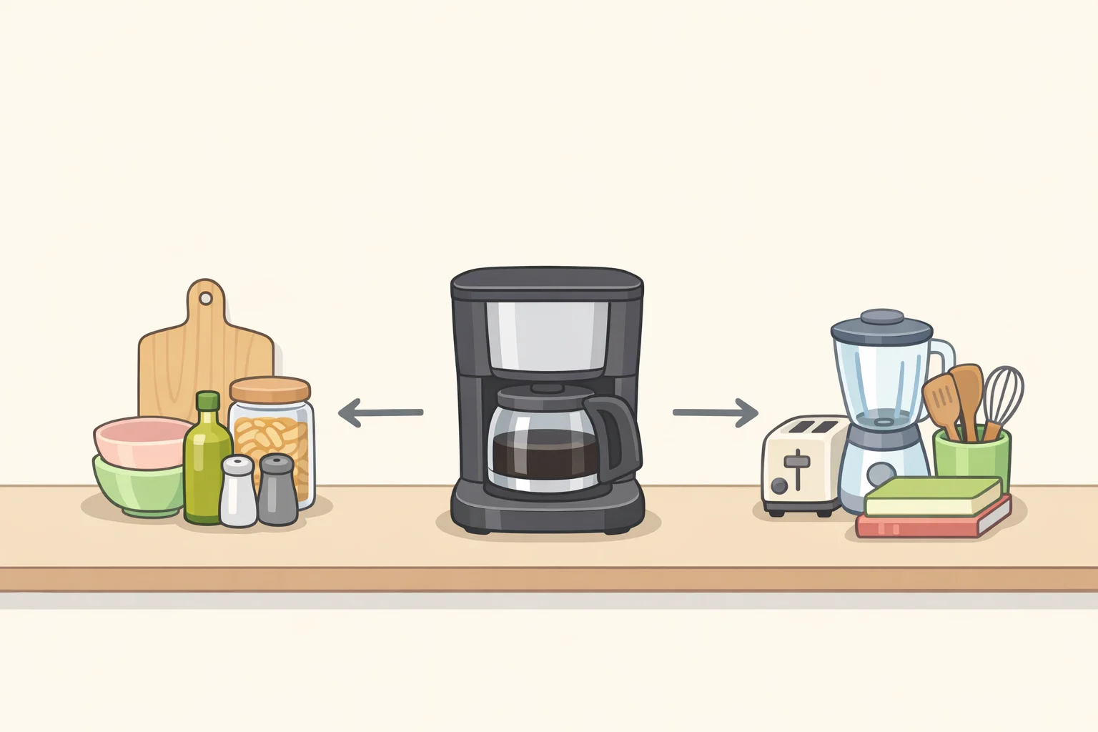 Kitchen counter scene showing a coffee maker and knife block kept in place while overflow gadgets, mail, and small tools are grouped elsewhere to free up clean space