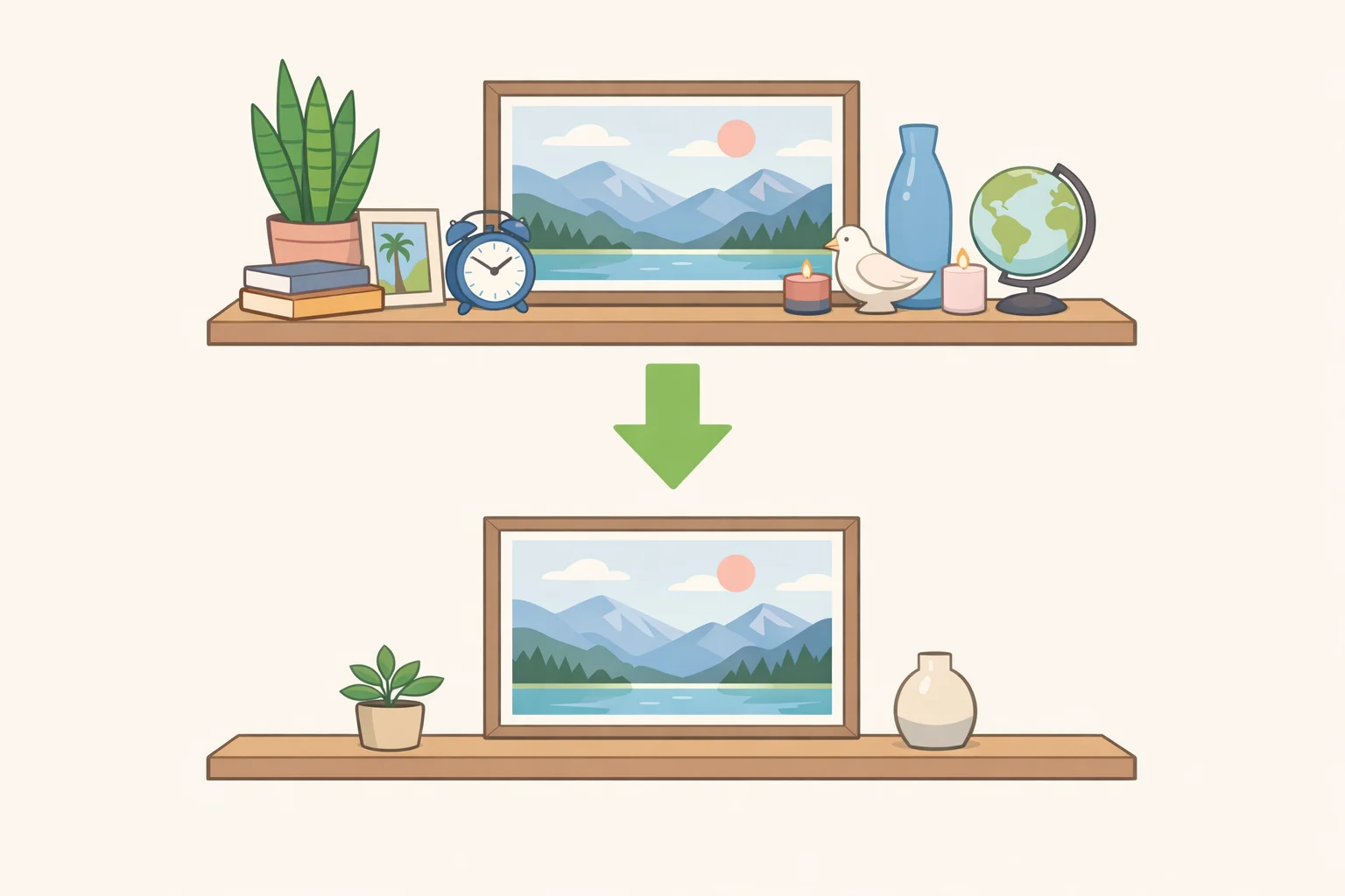 Before-and-after style shelf view where small items are cleared to spotlight one dominant focal object with calmer spacing