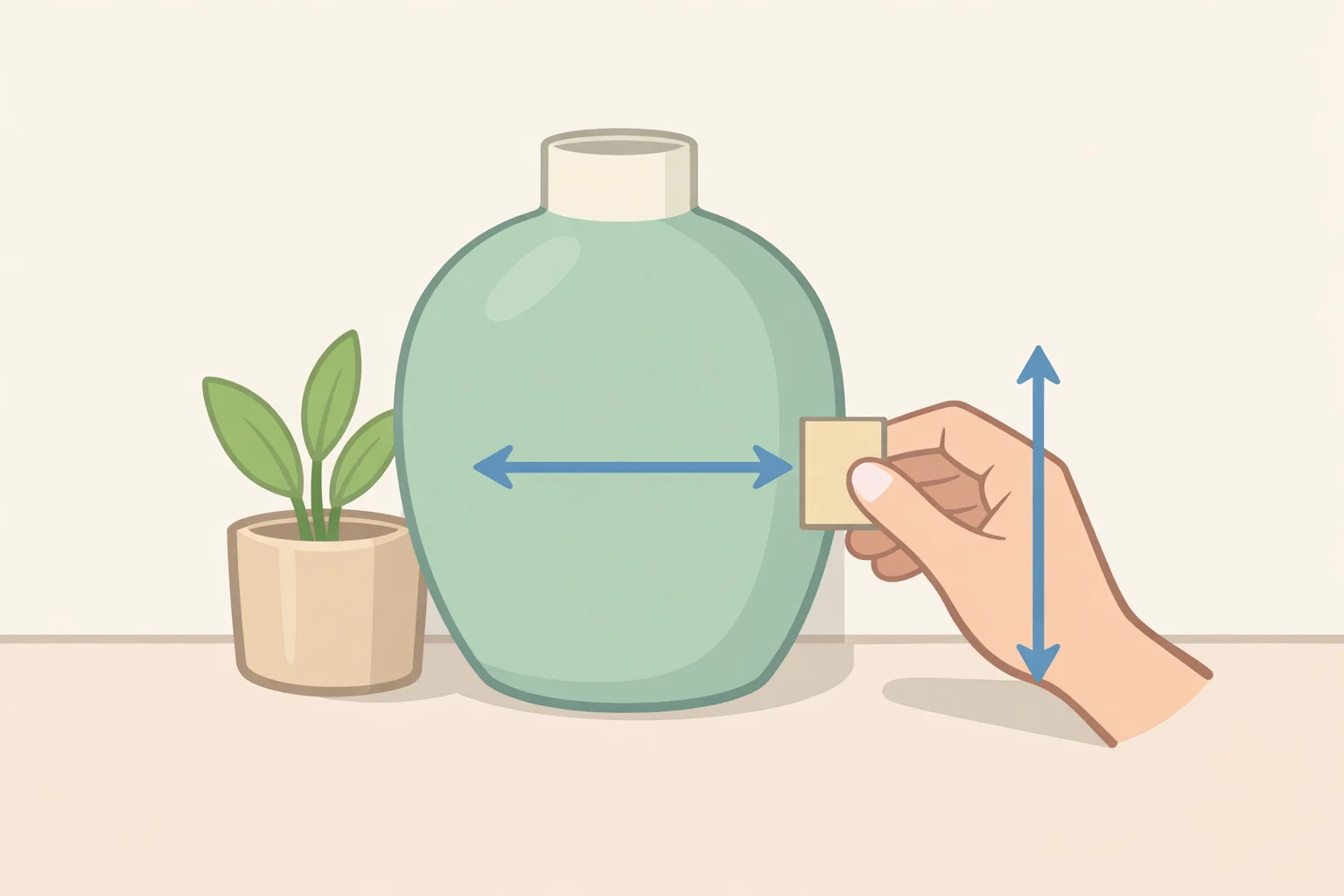 A hand holding a mug-sized spacer next to the largest shelf object to visualize the Melon Method decluttering gap between clusters