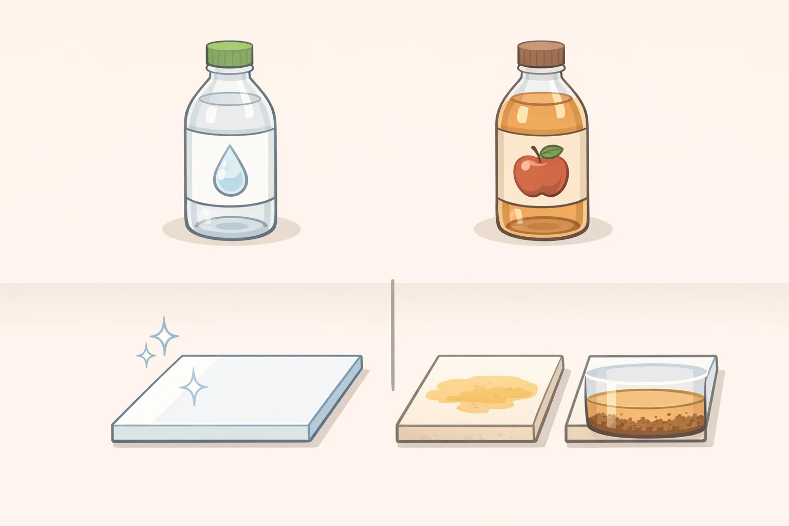 Side-by-side labels of white distilled vinegar with no tannins or sediment and apple cider vinegar with pigments and sugars that may leave residue on grout and light countertops