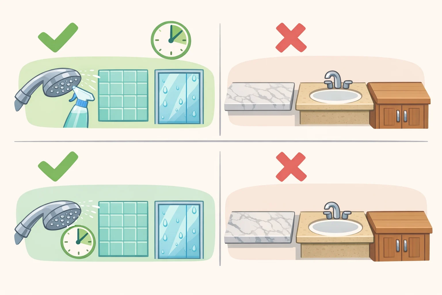 Bathroom illustration with arrows labeling good targets for vinegar (glass shower doors, chrome fixtures, stainless steel, tile soap scum) and warning icons for stone, waxed wood, and cast iron