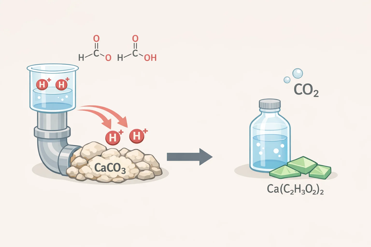 Diagram of acetic acid breaking down calcium carbonate scale into calcium acetate, water, and carbon dioxide—illustrating why can you clean with apple cider vinegar on mineral buildup