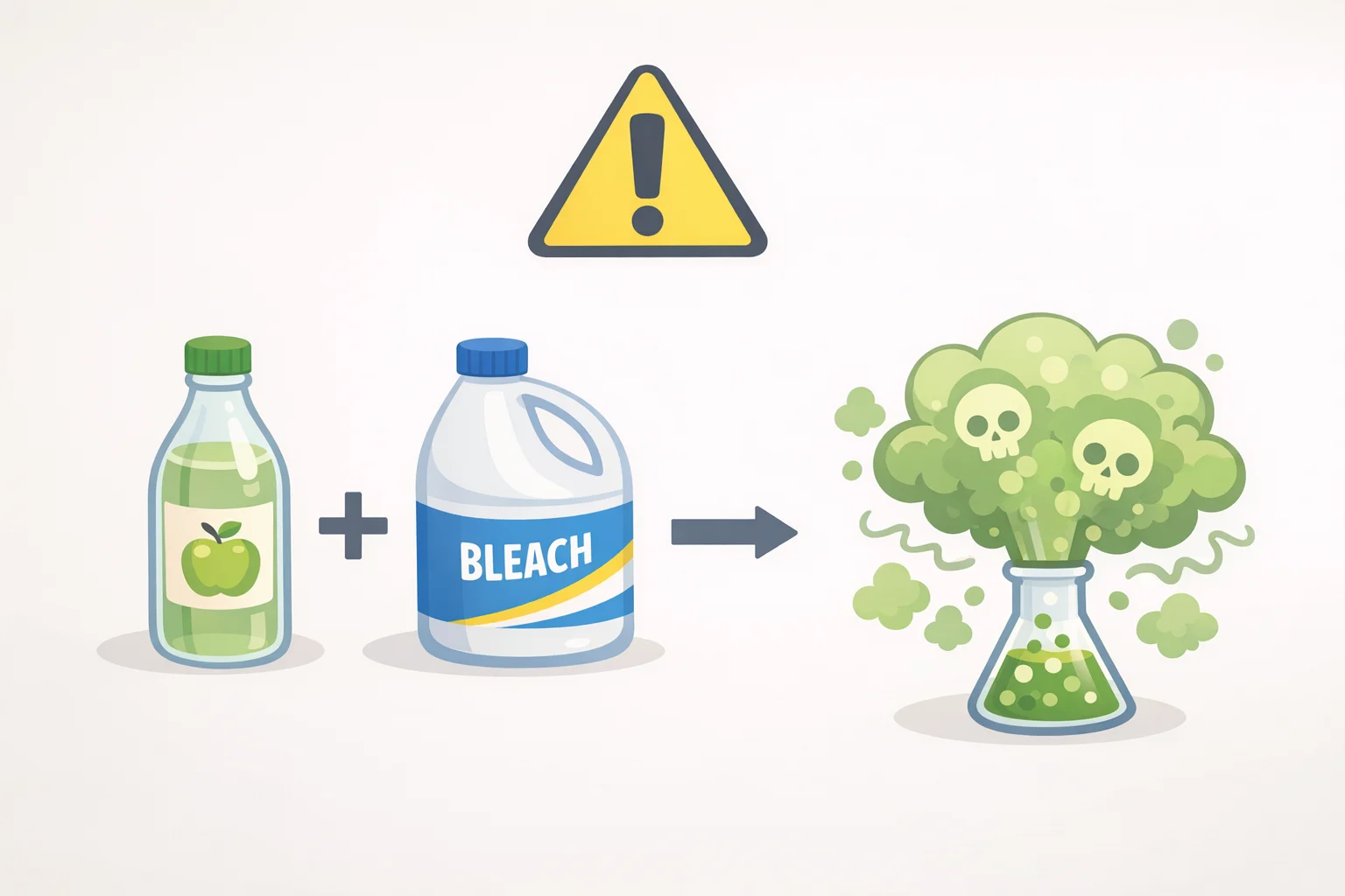 Safety graphic warning not to mix vinegar with bleach, indicating the release of toxic chlorine gas when acetic acid reacts with bleach chlorine compounds