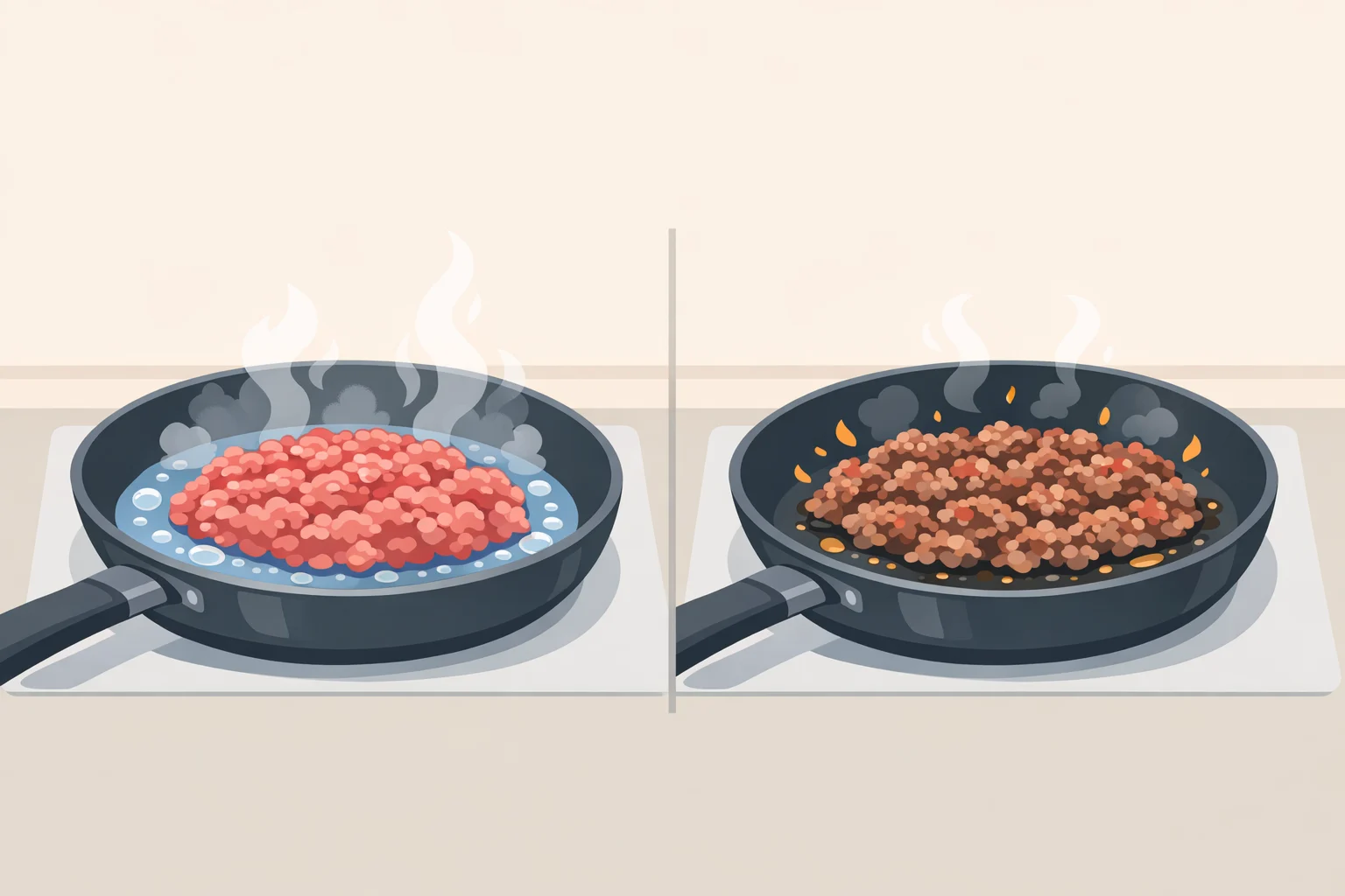 Illustration comparing gray, steamed ground beef surrounded by liquid versus browned ground beef that stays in direct contact with a hot, dry skillet
